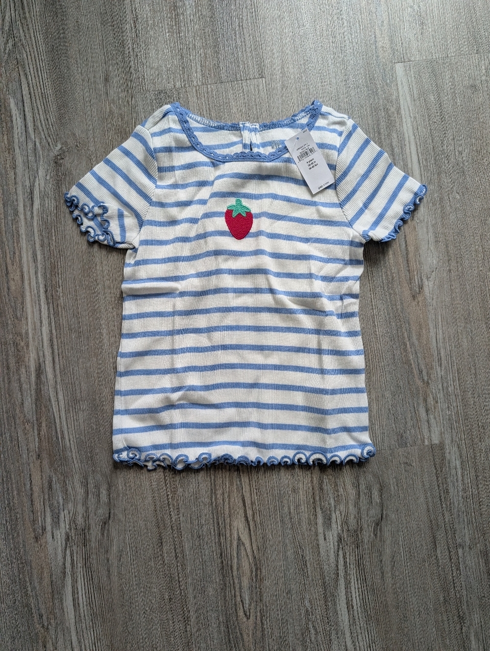 GAP NWT White and Light Blue Striped Kids Tee with Strawberry Patch